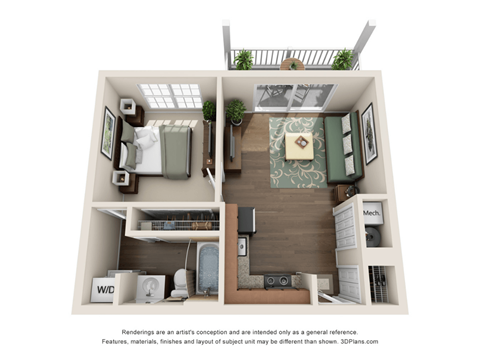 Floor plan for 1 bed, 1 bath, 525 sqft